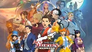 promotional image for the Ace Attorny trilogy. The graphic is a composite of many anime-style characters with a range of appearances. Most of the characters are dressed in business attire.