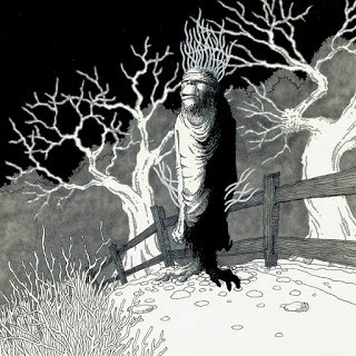 ID: Grayscale drawing of a creature standing on a dirt path in front of a split rail fence and two spooky trees, with the tree-line of a forest visible in the background.  The creature has a vaguely humanoid appearance with an ape-like face, long arms, and feet ending in large claws.  It appears to have tendrils extending from the top of its head and both forearms.  