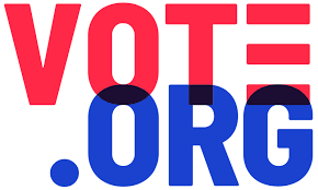 The Vote.org logo.  In all-caps, the word "vote" in red with a stylized letter "E" above and slightly overlapping ".ORG," in blue, below it.  