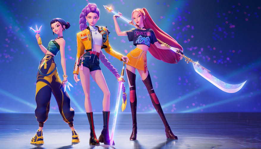 Image Description:
Three young women stand on a stage.
They are dressed in high fashion Korean street fashion. 
Zoey is the shortest with her hair in buns, a smirk and loose pants. Rumi has a long purple braid and a confident pose. Mira looks almost haughty with her long pink hair flowing behind her. 
They all have traditional Korean weapons. Behind them are spotlights. Then pink and purple lights from light sticks at a concert. 
End Image Description. 