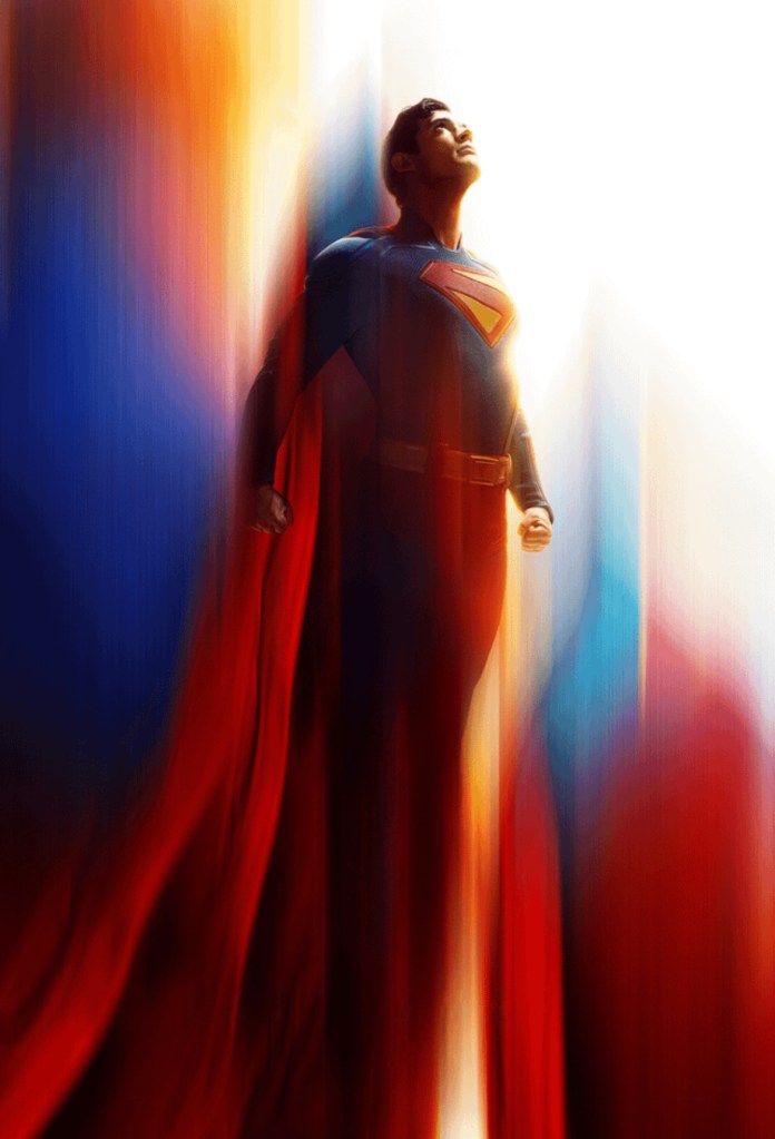 Image Description:
A background of blurred colors. Blue, red, yellow and white that blend into Superman's suit.
In the foreground but softer with the colors is superman flying into the sky. 
End Image Description. 