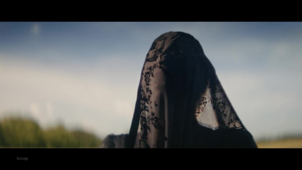Image Description:
The background is a blurred view of a cloudy blue sky and some green tree line.
The forefront is a close up of a woman with a mourning black veil on her face. 
End Image Description. 
