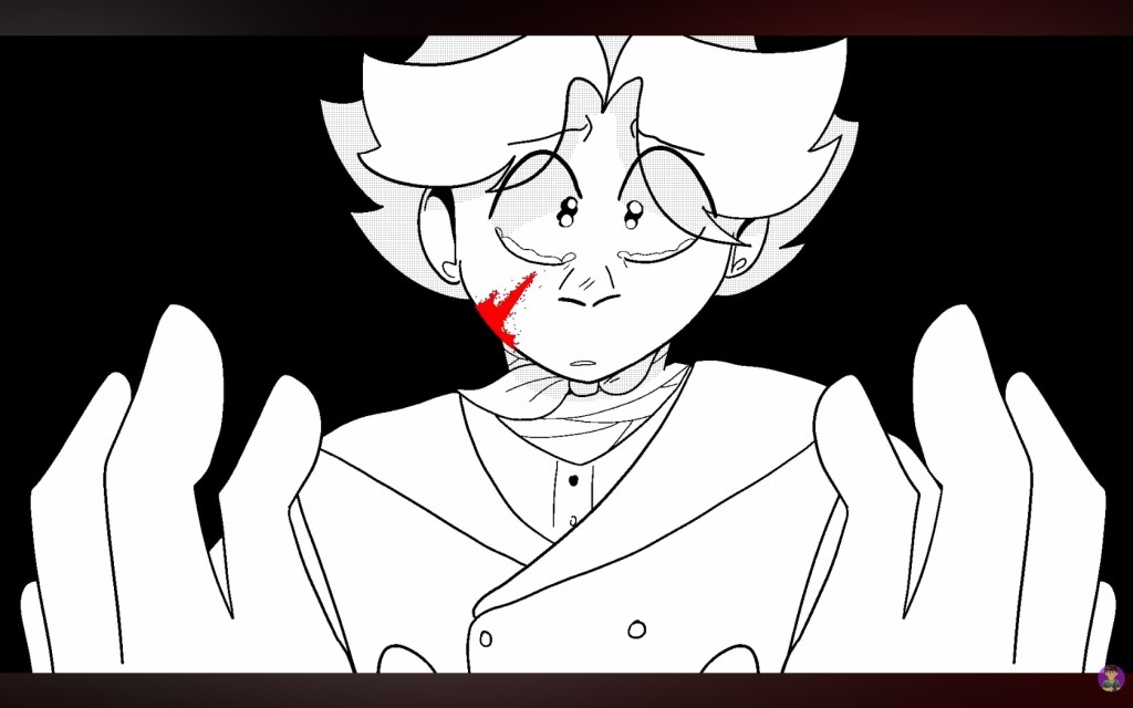 Cartoon drawing of a man on a black background.  The foreground image is monochrome, white and pale gray, with thick black line art.  He is wearing a double-breasted jacket, a button down shirt, and a piece of cloth wrapped around his neck like bandages and tied in a knot, and is staring at his hands with tears in his eyes.  A vivid splash of red blood on his cheek is the only color in the image.  