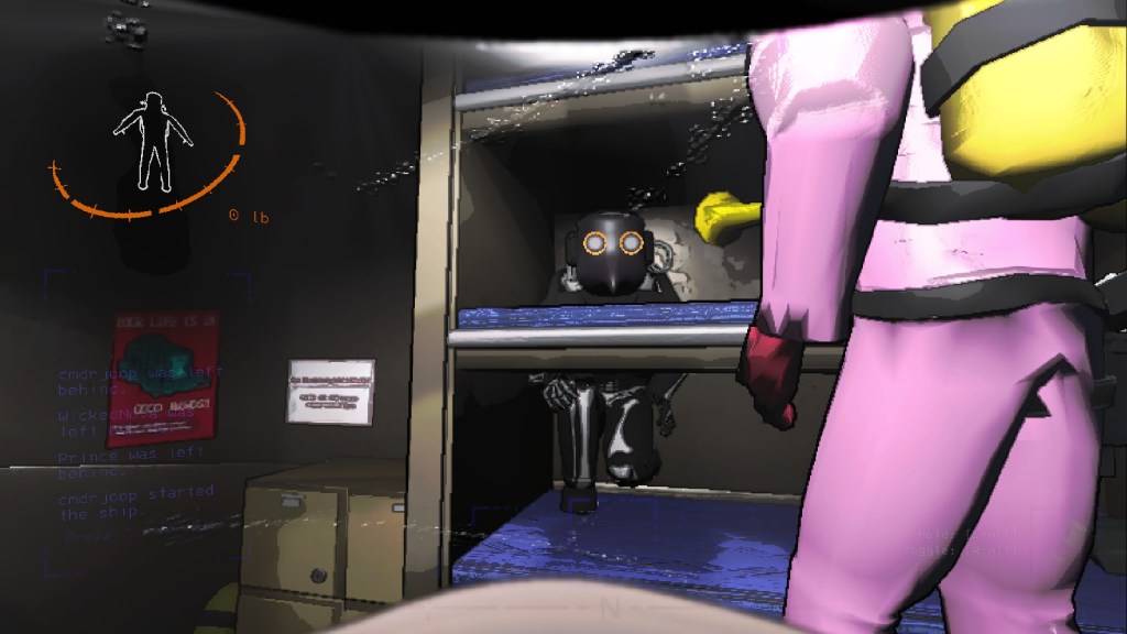 Image description: 
A dark grey bunker. Bunk beds with blue covers. 
A figure in a black mask and black suit with bones painted on it crouches in the bunk beds, a glitch in the game. 
A figure in a pink suit stands in the front staring at the beds, and the trapped figure inside it. 
Taken from a stream of the game Lethal Company when a glitch during the stream. 
End image description 